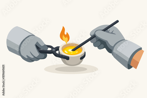 Hands holding crucible with melting gold and stirring during metalworking process