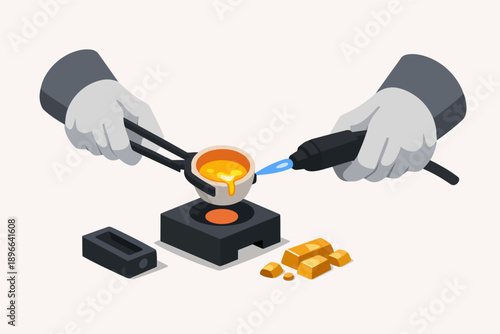 Goldsmith melting gold using a torch and crucible, crafting new gold bars