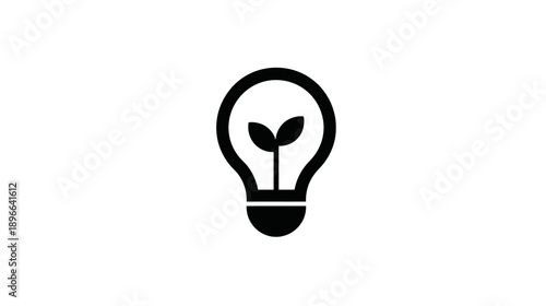A black and white, minimalist illustration of a lightbulb containing a small plant