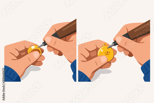 Craftsperson engraving custom jewelry, adding detail to ring and pendant