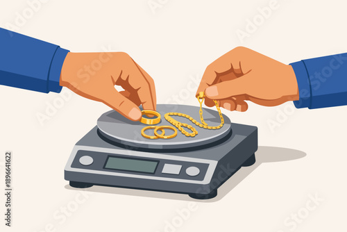 Hands weighing gold jewelry on digital scale, selling precious metals for cash