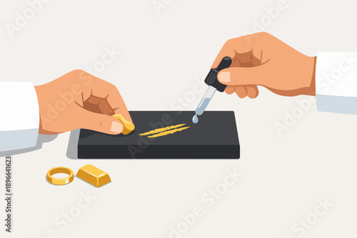 Jeweler testing gold karat value using acid and touchstone method