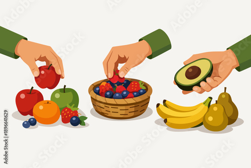 Hands choosing various fresh fruit for healthy eating and natural nutrition
