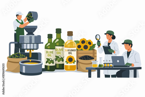 Producing olive oil and sunflower oil with quality control process in facility