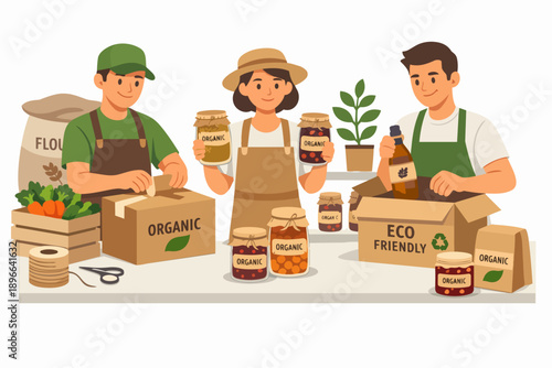 People packing organic eco-friendly produce from local farm for sustainable delivery
