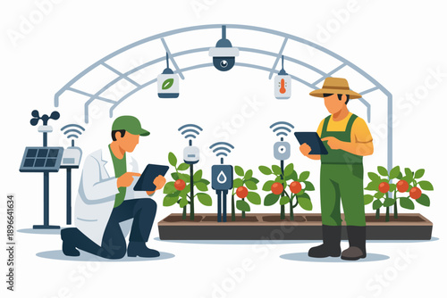 Agronomist and farmer monitoring greenhouse crops with smart farming technology