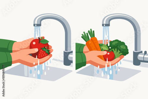 Hands washing fresh fruits and vegetables under running water in a kitchen sink