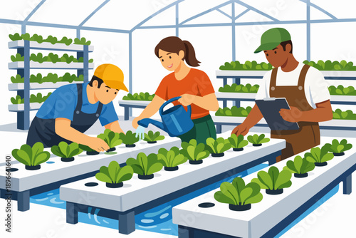 Farming team working in hydroponic greenhouse, cultivating plants for healthy food