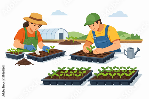 Gardeners planting seedlings together in trays, preparing for sustainable farming