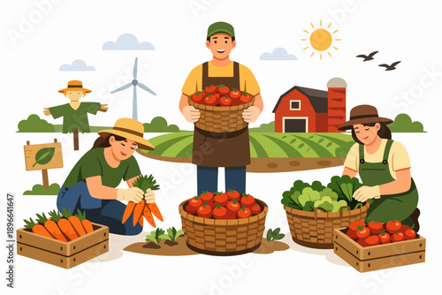 Farmers harvesting fresh organic vegetables and fruits working on a sustainable farm