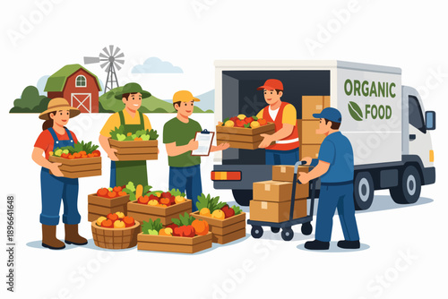 Farmers and delivery staff loading organic produce onto a truck for distribution