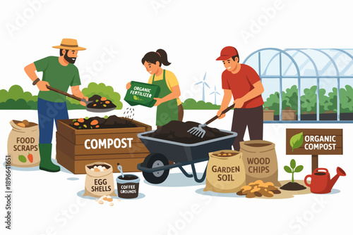 People making compost, recycling food waste for organic garden fertilizer