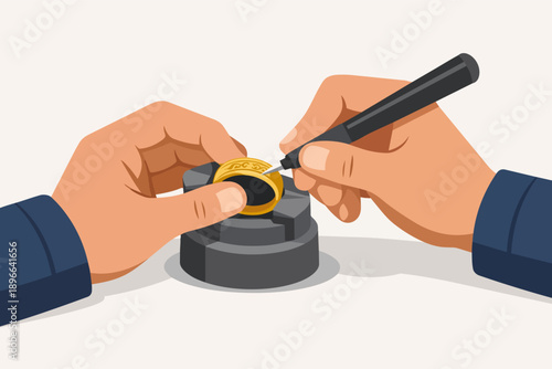 Jeweler engraving ornate gold ring, crafting unique jewelry design by hand