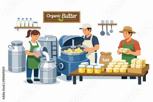 Organic butter production process, workers making and packaging dairy products