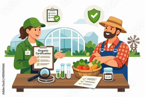 Inspector explaining organic certification to farmer, ensuring food quality and sustainability