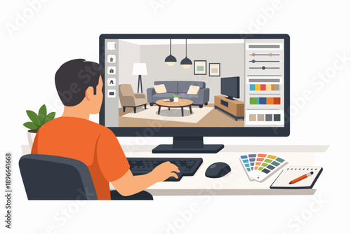 Designer planning home interior using 3d modeling software on computer