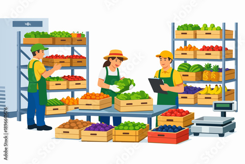 Farmers sorting and storing fresh organic produce in a warehouse or distribution center
