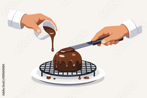 Chef hands glazing chocolate cake with ganache on cooling rack, preparing dessert