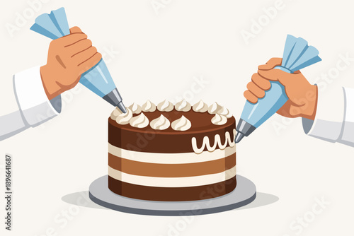Two hands decorating chocolate cake with piping bags and cream frosting