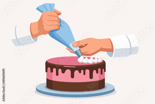 Hands decorating cake with pastry bag and whipped cream frosting