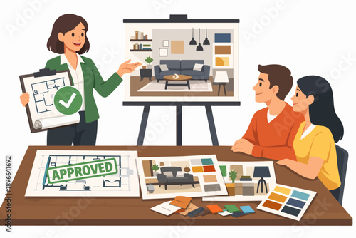 Interior designer presenting home renovation project to happy couple clients