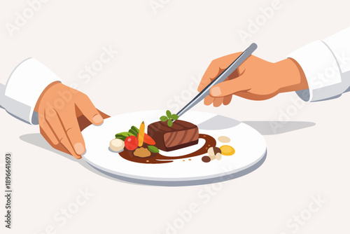 Chef plating gourmet meal, adding final touches to food presentation with tweezers