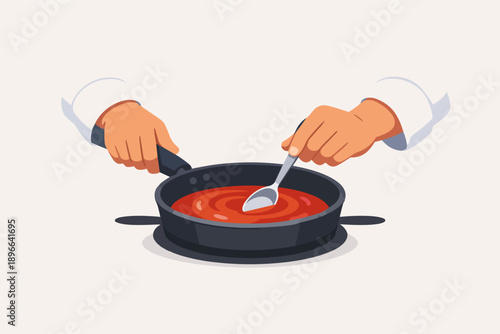 Chef hands cooking red sauce in pan with spoon, stirring food preparation