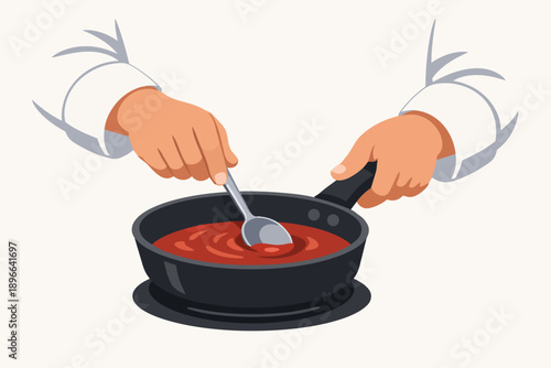 Chef hands stirring red sauce in a pan, cooking and preparing food