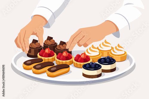 Chef hands arranging various gourmet desserts and pastries on serving tray
