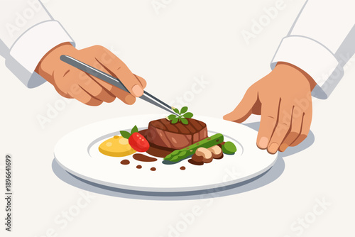 Chef hands meticulously plating gourmet steak with professional styling tongs