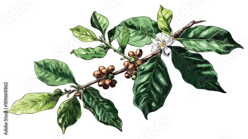 Coffee plant with leaves and grains
