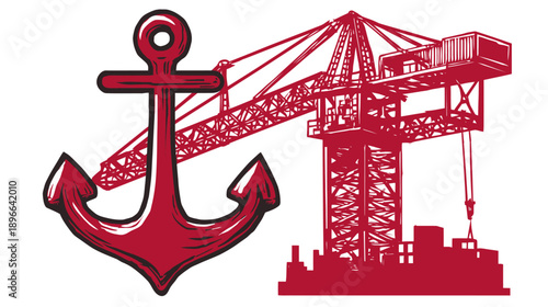 A red anchor next to a construction crane on a white background, representing construction