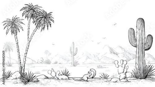 Scenic Desert Landscape with Palm Trees, Cactus, Snakes, and Squirrel Vector Illustration