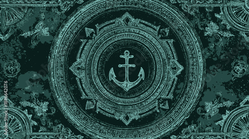 A teal-toned repeating pattern featuring an anchor within an ornate circular design, textured background