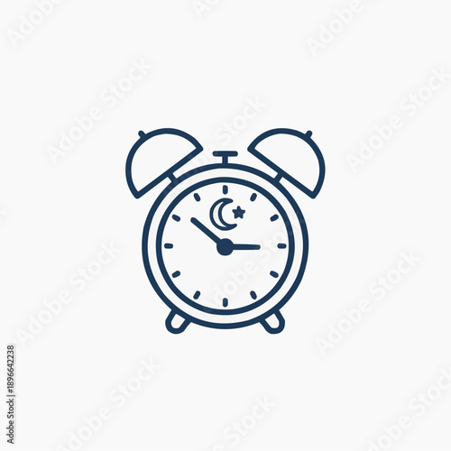 Dark Blue Outline Alarm Clock Icon with Moon and Star for Bedtime