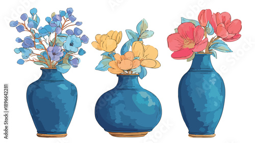 Stunning Arrangement of Three Blue Vases and Vibrant Flowers on a Car