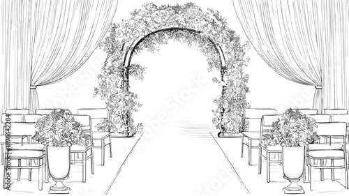 Elegant Wedding Ceremony near Floral Arch Vector Illustration