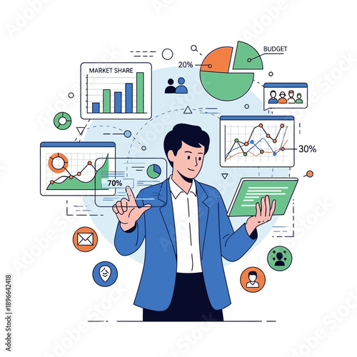 Business analytics concept, man interacting with data charts and graphs