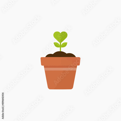 Green Heart-Shaped Plant Sprout in Brown Terracotta Pot Vector Illustration