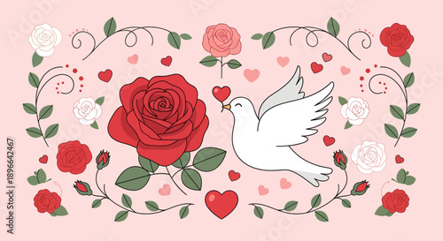 Illustration of a white dove surrounded by roses and hearts on a pink background.