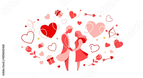 Romantic Couple Surrounded by Hearts and Love Symbols.