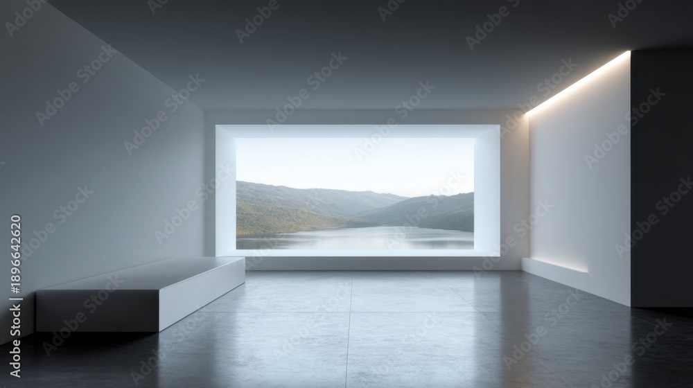 Obraz premium Modern Minimalist Interior with Large Window Overlooking Calm Lake and Serene Mountain Landscape in Bright Natural Light