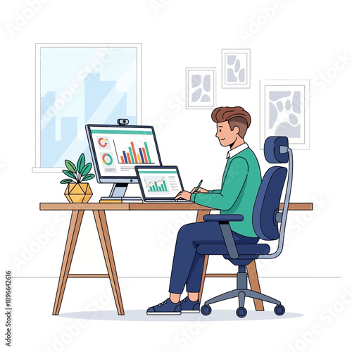 Man working on computer at home office desk with charts and graphs on screen.