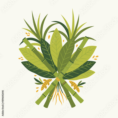 Flat illustration of assorted green plants and flowers bundled together tightly viewed from above