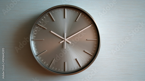 Wallpaper Mural A close up shot of a silver clock with white hands on a textured light blue wall background indoors Torontodigital.ca