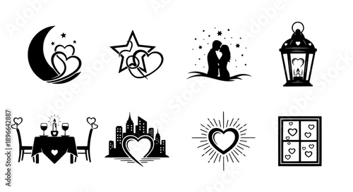 Collection of romantic icons for Valentine's Day and love themes