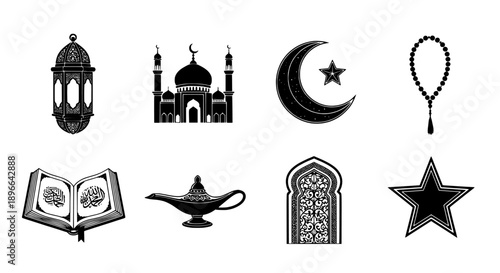 Islamic symbols and cultural icons on white background