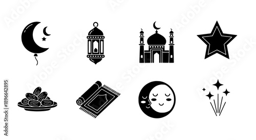Islamic and Ramadan Icons Moon, Mosque, Lantern, Star, Dates, Prayer Mat, Sparkles