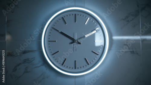 Wallpaper Mural A white clock with a neon light around it hanging on a tiled wall in a dimly lit environment Torontodigital.ca