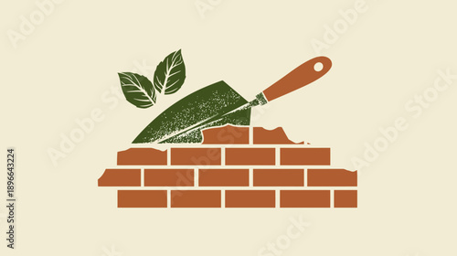 A trowel on a brick wall with green leaves on a light tan background
